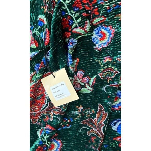 3X Velour Dress Green Floral Long Flair Sleeve Smak Parlour Stretch Ribbed NWT - Picture 4 of 8